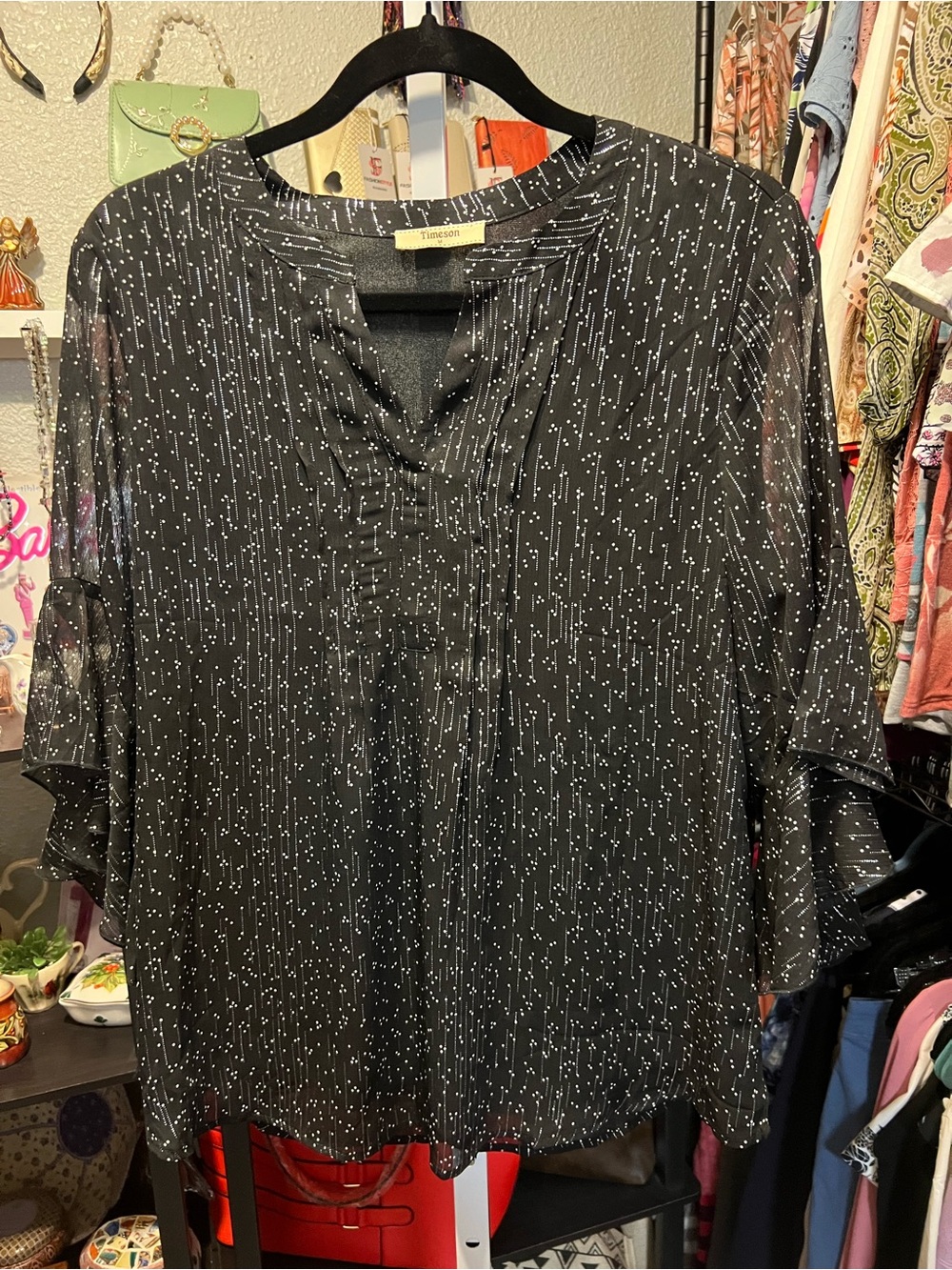 Timeless Black Dot-Print Ruffle Sleeve Blouse